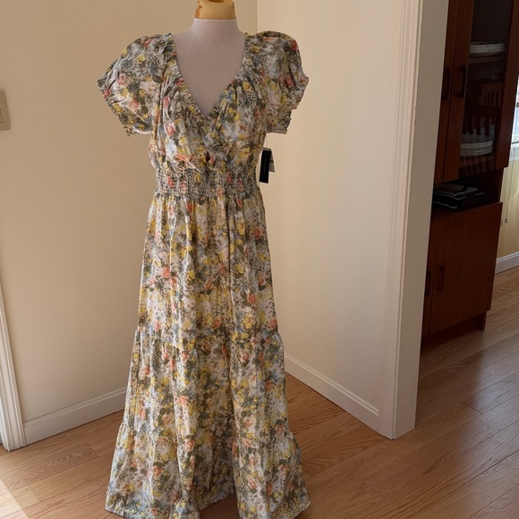 New! DANIELLE BERNSTEIN 3X Floral smocked Midi Dress in Multicolor Pastels. - Picture 6 of 12